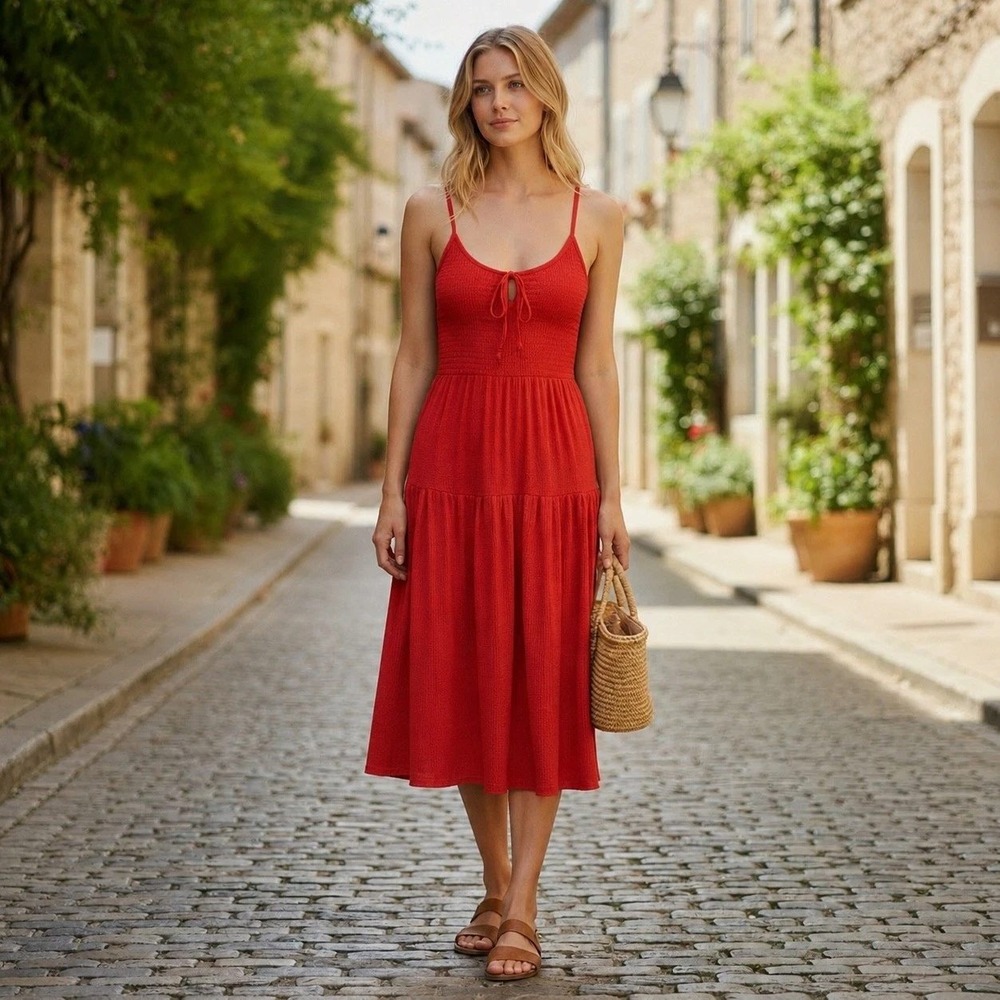 Monteau Womens Boho Summer Midi Dress Red Tiered Smocked Asymmetrical Large